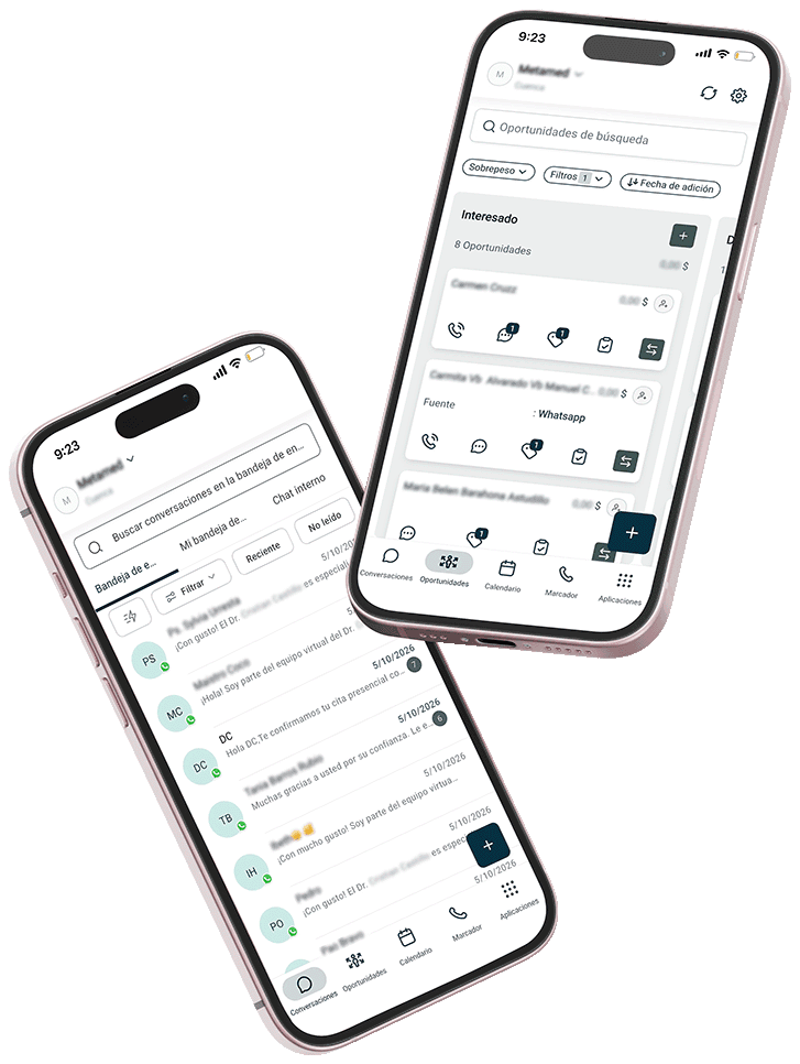Bandeja de conversaciones y flujo de ventas de Pronto CRM en el celular
