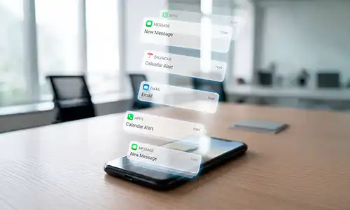 Celular sobre una mesa con notificaciones de mensajes, correos y citas acumulándose