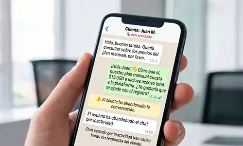 Conversación de WhatsApp con un cliente que abandonó el chat por falta de seguimiento