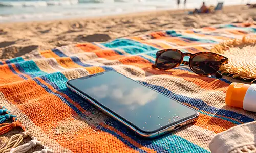 Celular olvidado sobre una toalla en la playa, de vacaciones